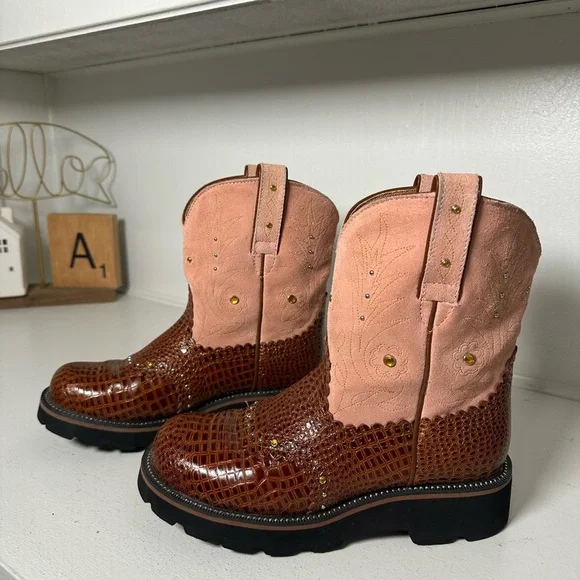 Ariat Fatbaby Boots Women’s 8B Brown Croc Embossed & Pink Leather Western Work - Picture 1 of 9